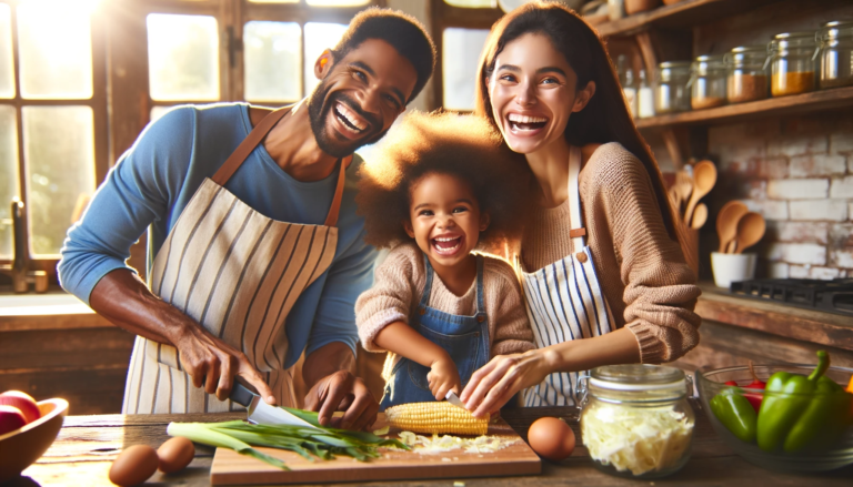 A happy family of three engaging in meal preparation in a sunlit, rustic kitchen. The father is focused on chopping vegetables, the mother is smiling joyfully towards the camera, and their young daughter is enthusiastically peeling corn on the cob. The kitchen is warmly lit and filled with cooking implements, creating a cozy and inviting atmosphere.